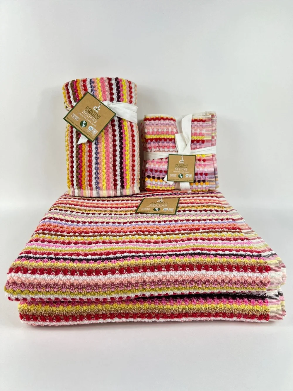 Deborah Connolly Bath Towel Set Pink Red Multicolor Striped Cotton 2 Pc Set NEW